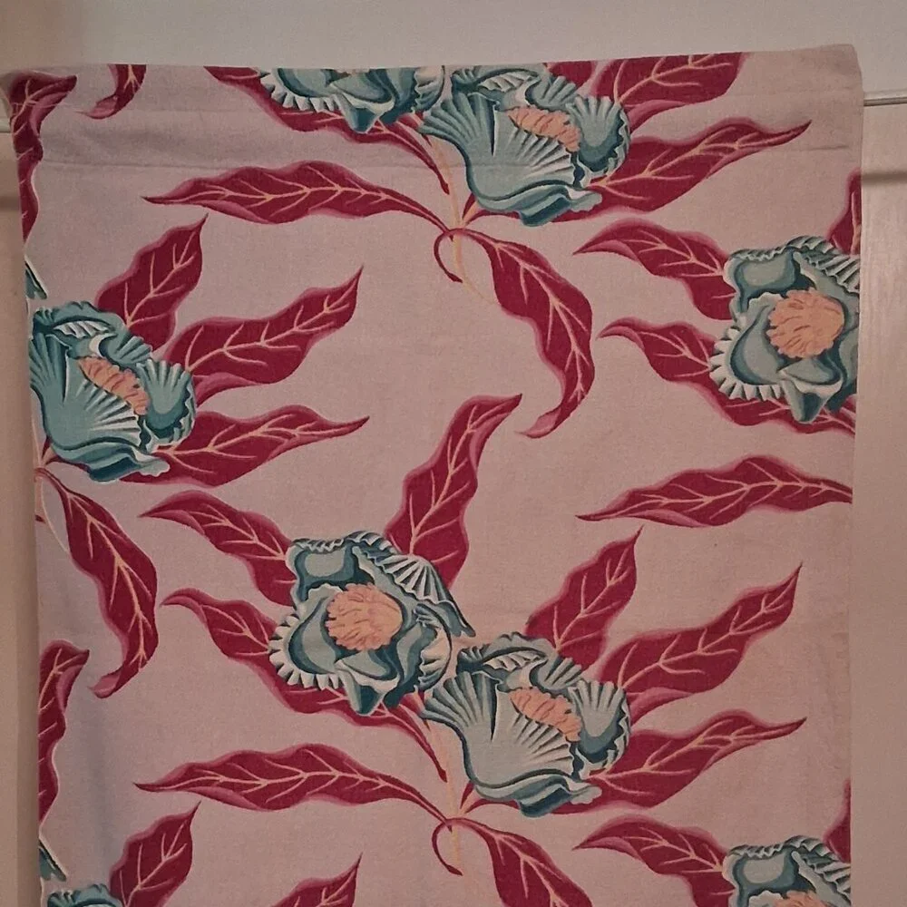 🔥 Atomic‑Era Vintage Barkcloth Panel • Bold Teal Floral + Red Leaves • 23x62